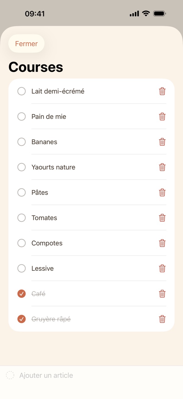 Liste de courses partagée, articles cochés et à acheter